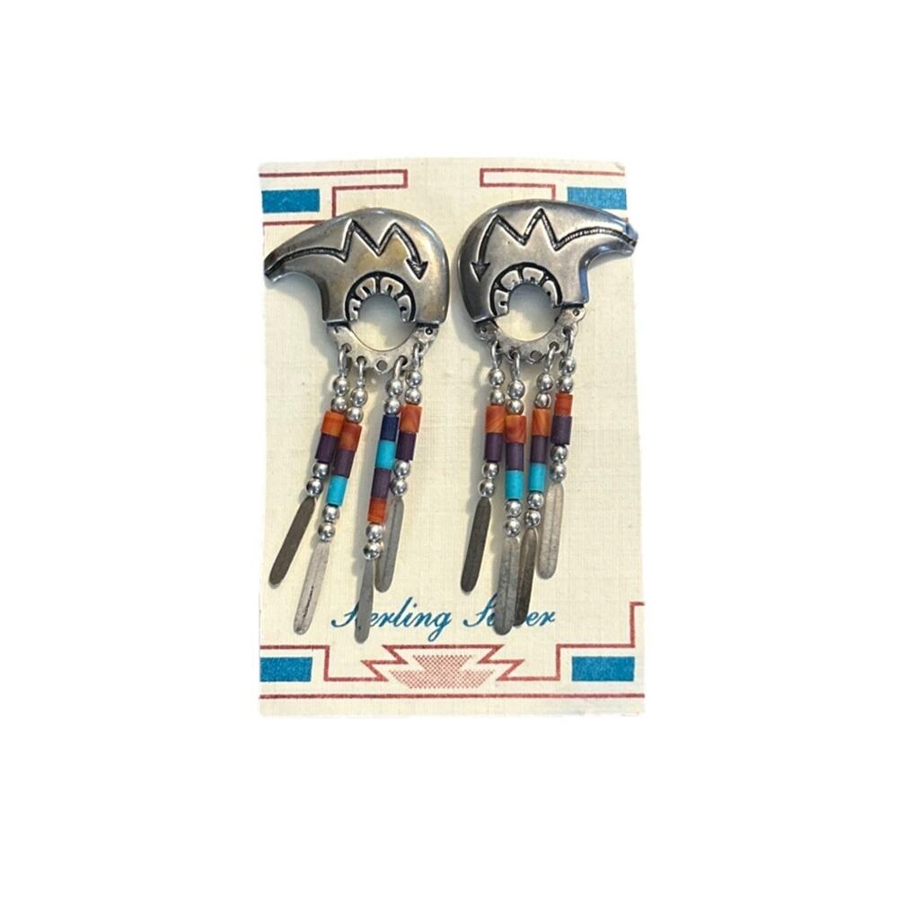 Native American Out West Sterling Silver Bear Fetish Earrings Tassel
